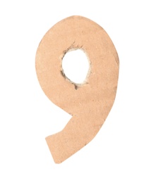 Photo of Number 9 made of brown cardboard on white background