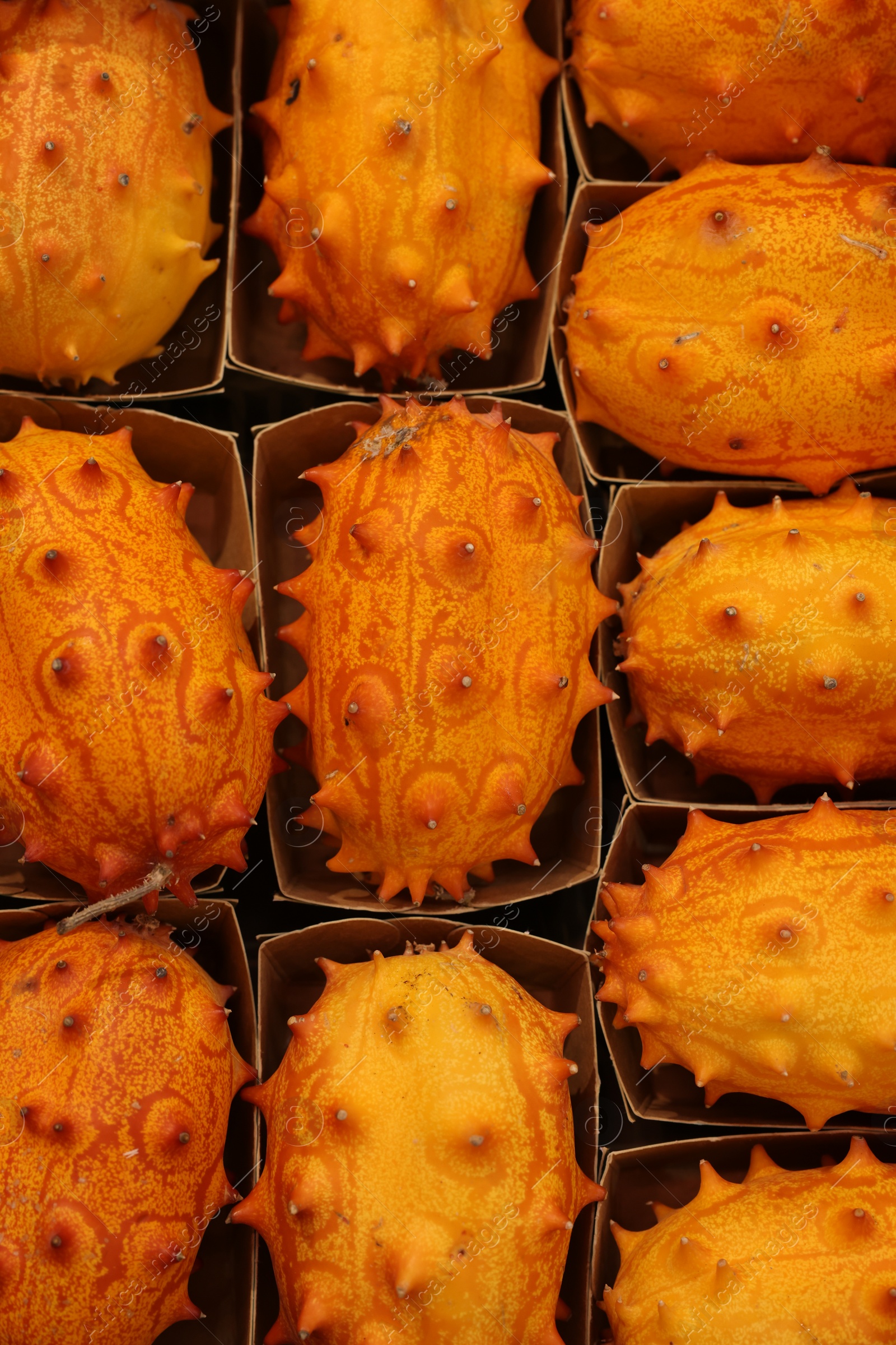 Photo of Many fresh kiwano fruits in cardboard containers, top view