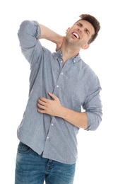 Photo of Man suffering from neck pain on white background