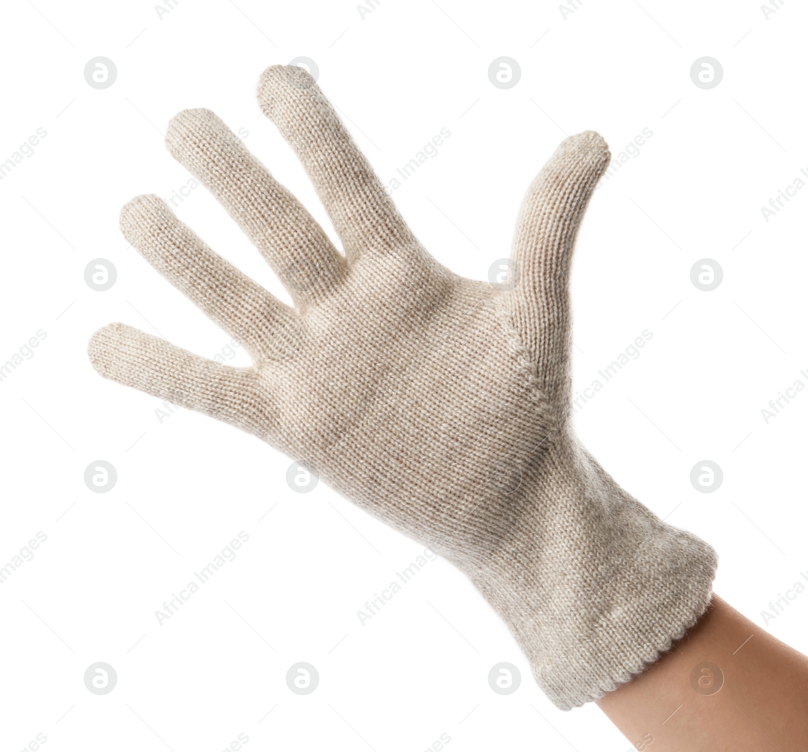 Photo of Woman wearing woolen glove on white background, closeup