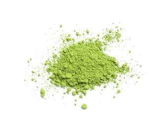 Pile of powdered matcha tea on white background, top view