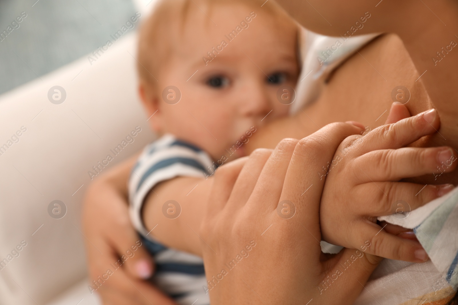 Photo of Woman breastfeeding her little baby, focus on hands