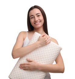 Photo of Woman with orthopedic pillow on white background