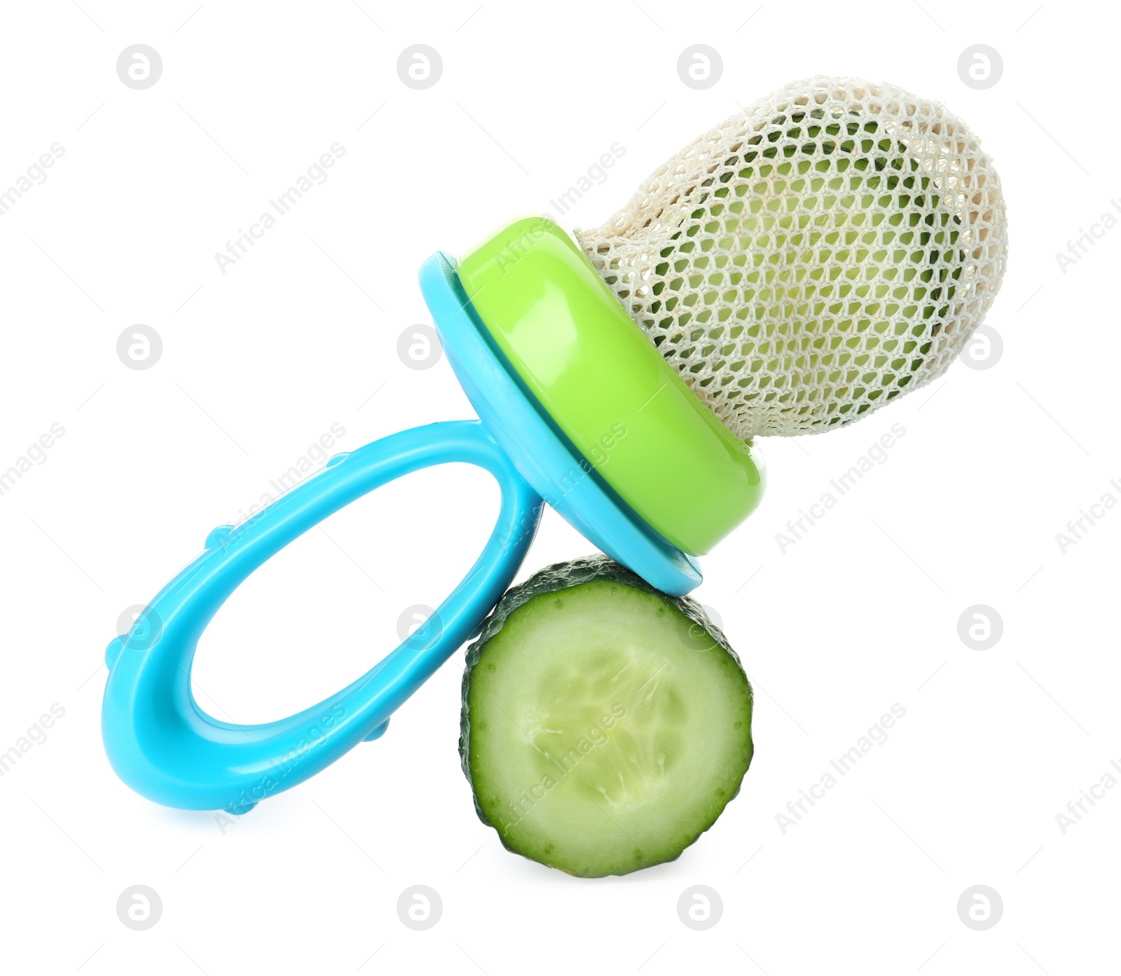 Photo of Nibbler with fresh cucumber on white background. Baby feeder