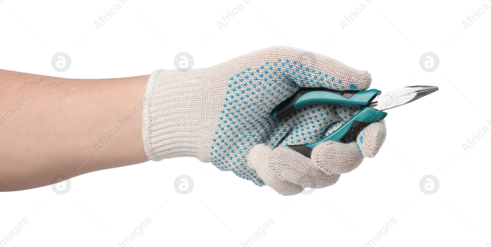 Photo of Man with bent nose pliers on white background, closeup