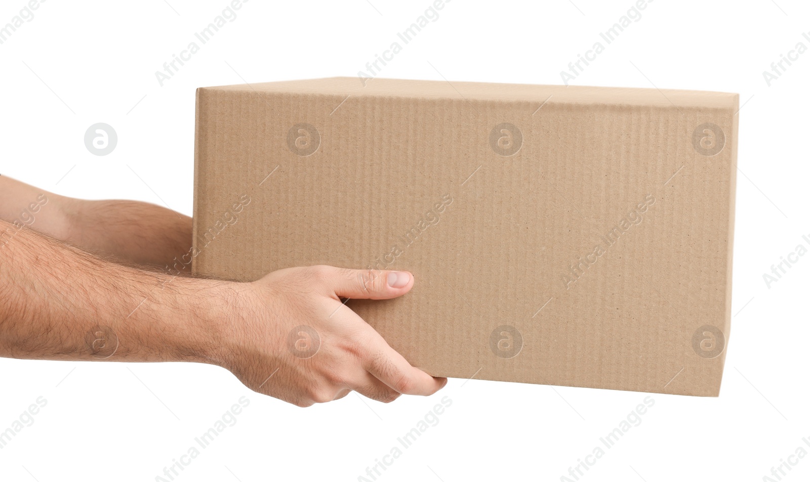 Photo of Courier with parcel on white background, closeup