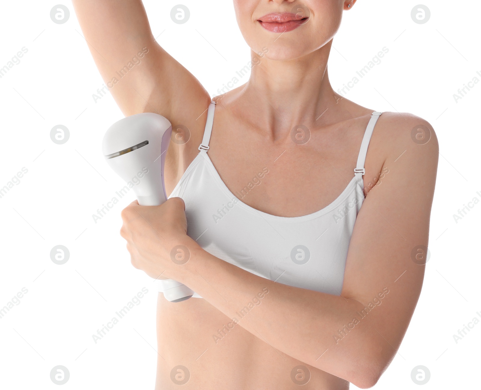 Photo of Young woman doing armpit epilation procedure on white background, closeup