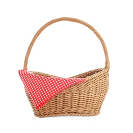 Photo of Wicker picnic basket with checkered tablecloth on white background