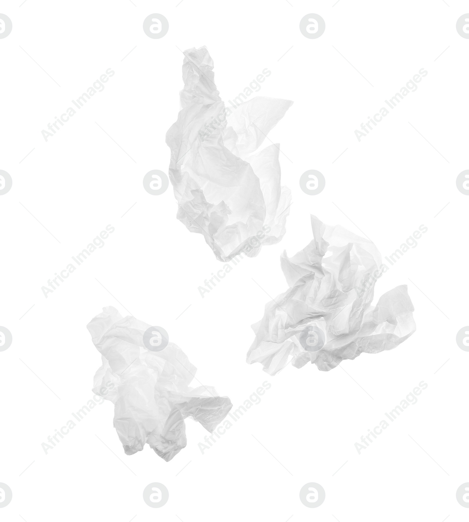 Photo of Used crumpled paper tissues isolated on white, top view