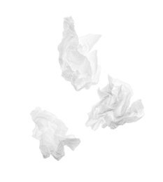 Photo of Used crumpled paper tissues isolated on white, top view