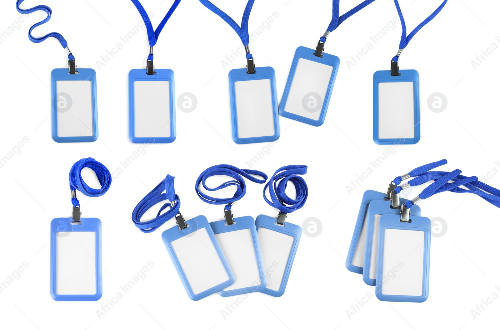 Image of Set with blank badges on white background. Mockup for design