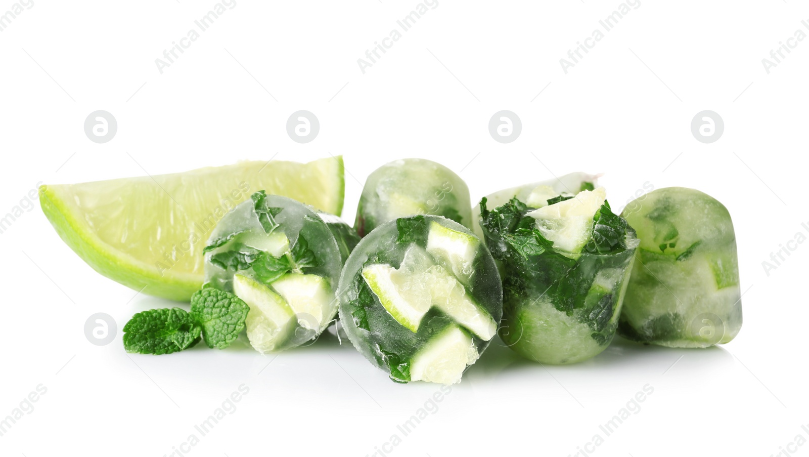 Photo of Lime and mint ice cubes with slice of fresh fruit on white background