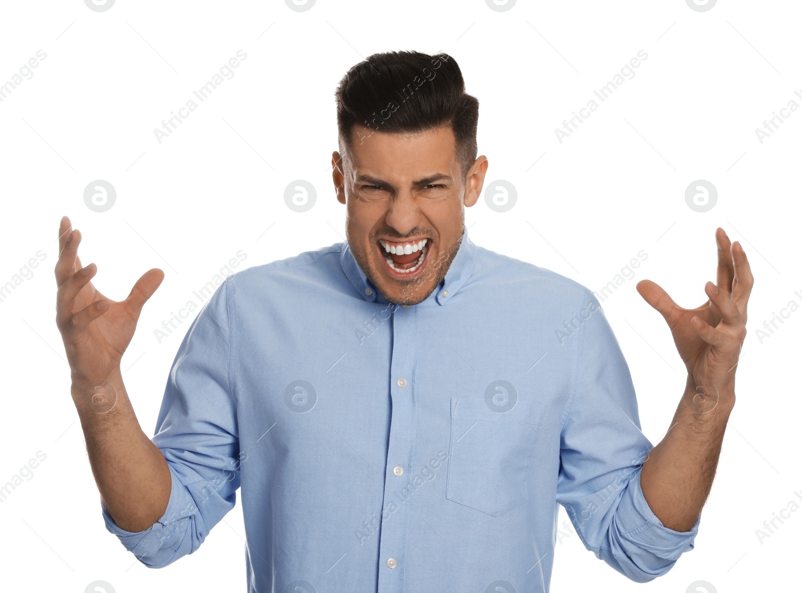 Photo of Angry man on white background. Hate concept