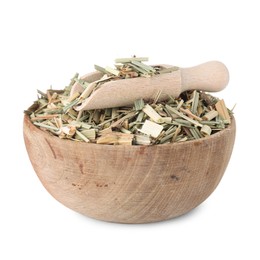 Photo of Wooden bowl of aromatic dried lemongrass and scoop isolated on white