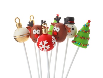 Delicious Christmas themed cake pops isolated on white