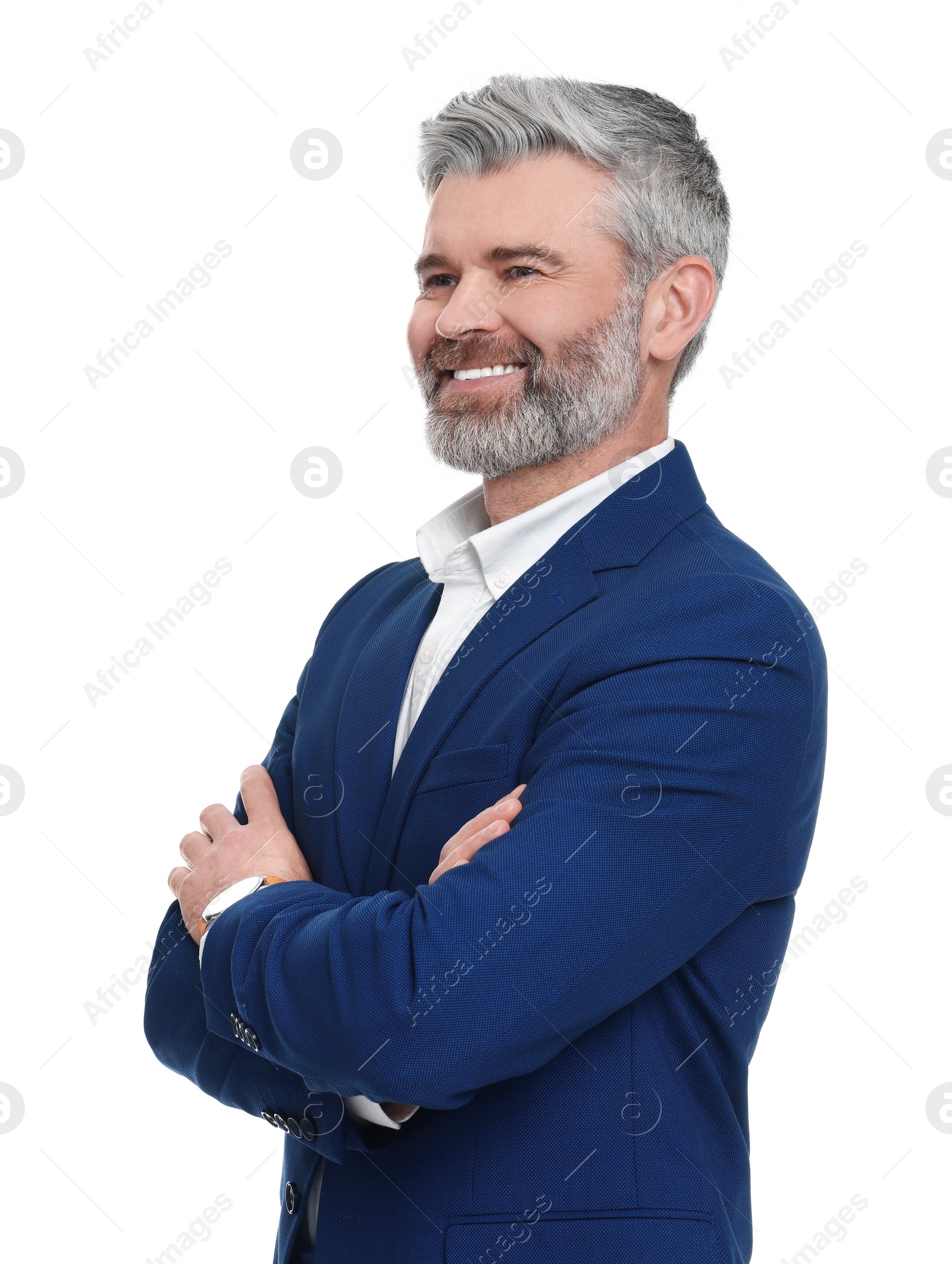 Photo of Mature businessman in stylish clothes posing on white background