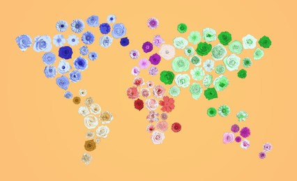 Image of World map made of beautiful flowers on pale orange background, banner design
