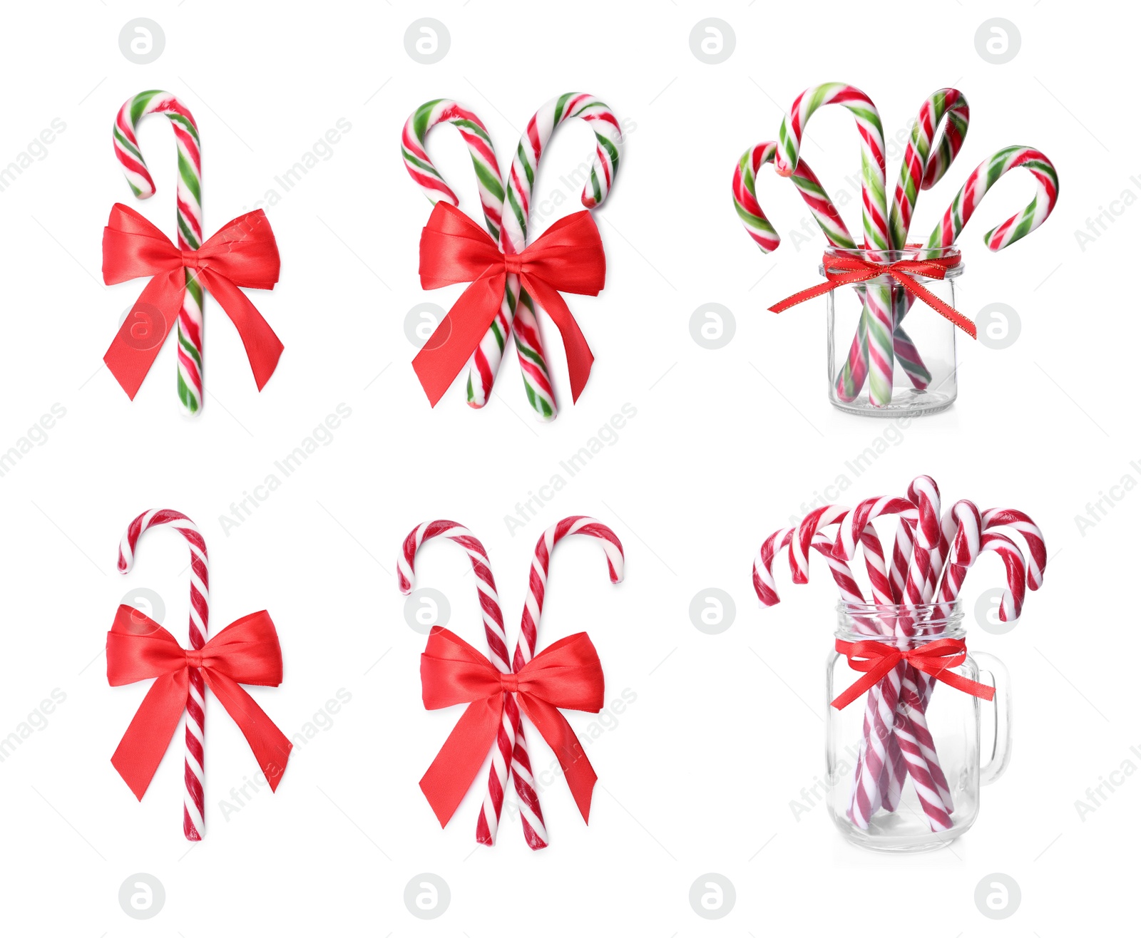 Image of Set with yummy sweet Christmas candy canes on white background 