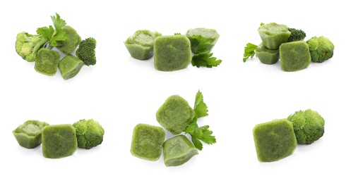 Image of Set with frozen puree cubes and ingredients on white background, banner design