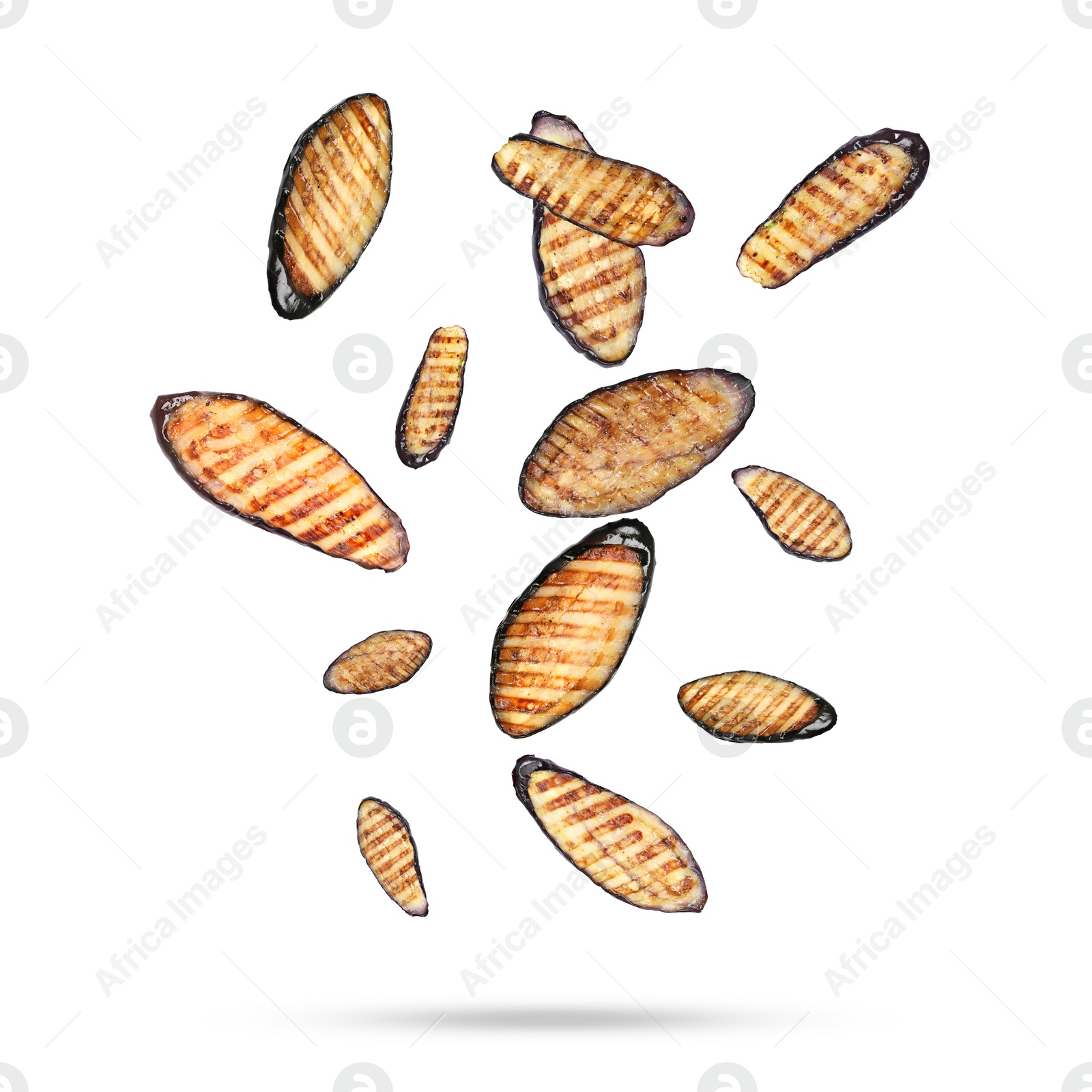 Image of Slices of grilled eggplants in air on white background