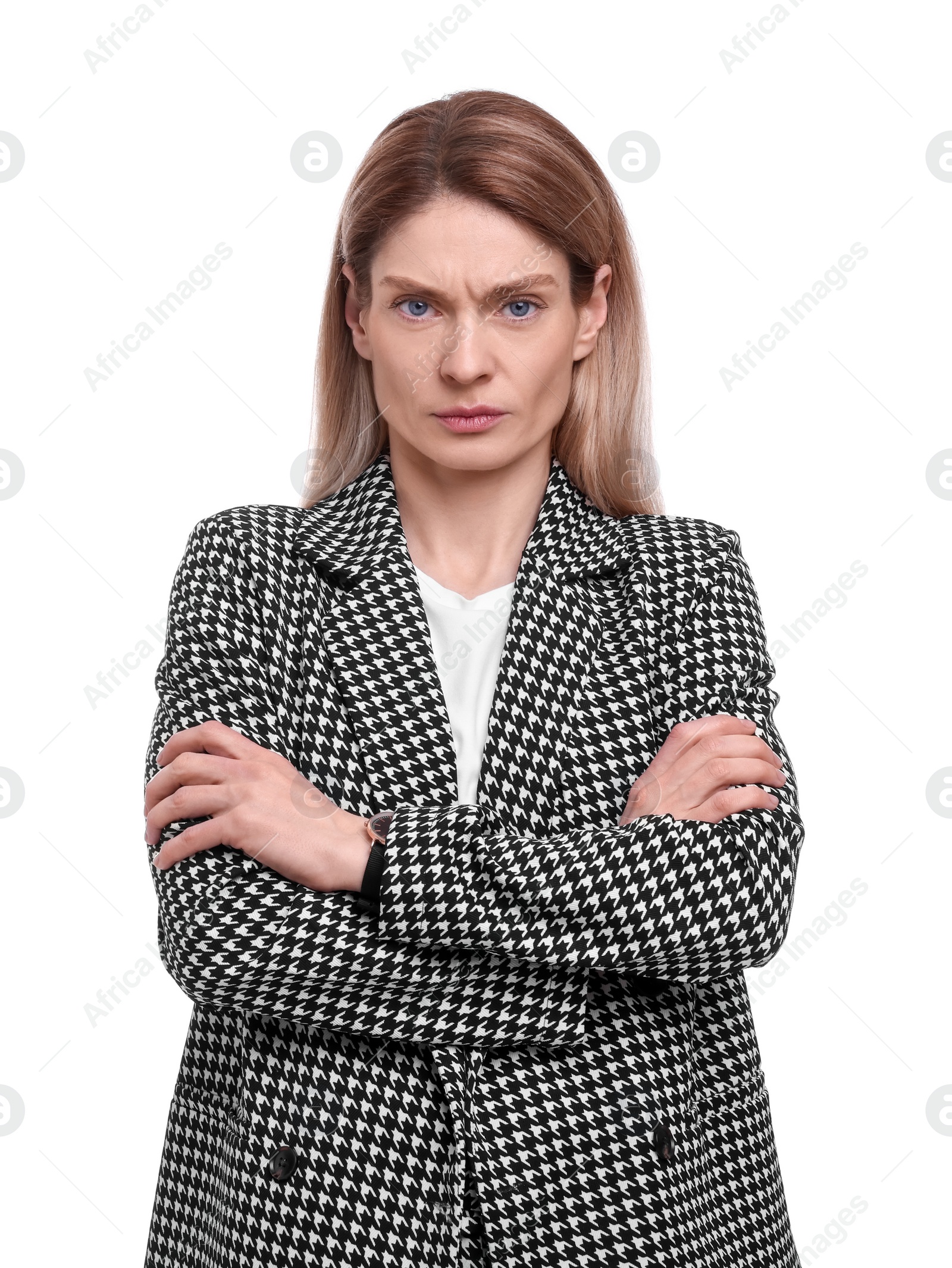 Photo of Beautiful emotional businesswoman in suit on white background