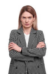 Beautiful emotional businesswoman in suit on white background