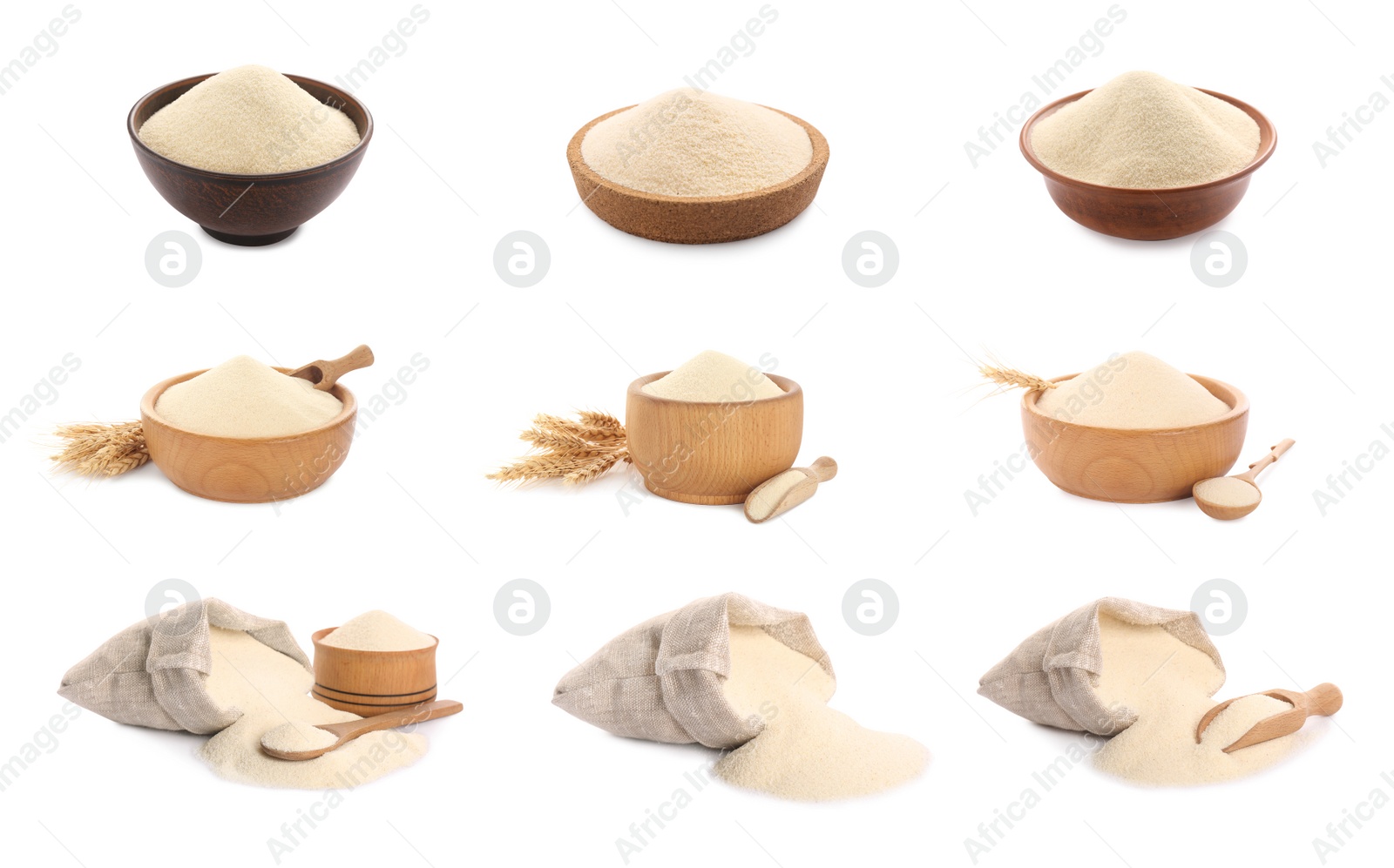 Image of Set with uncooked organic semolina on white background