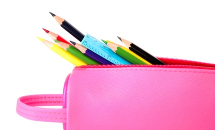 Case full of color pencils on white background