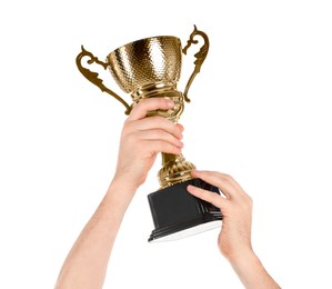 Man holding gold trophy cup on white background, closeup