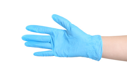 Photo of Woman in blue latex gloves on white background, closeup of hand