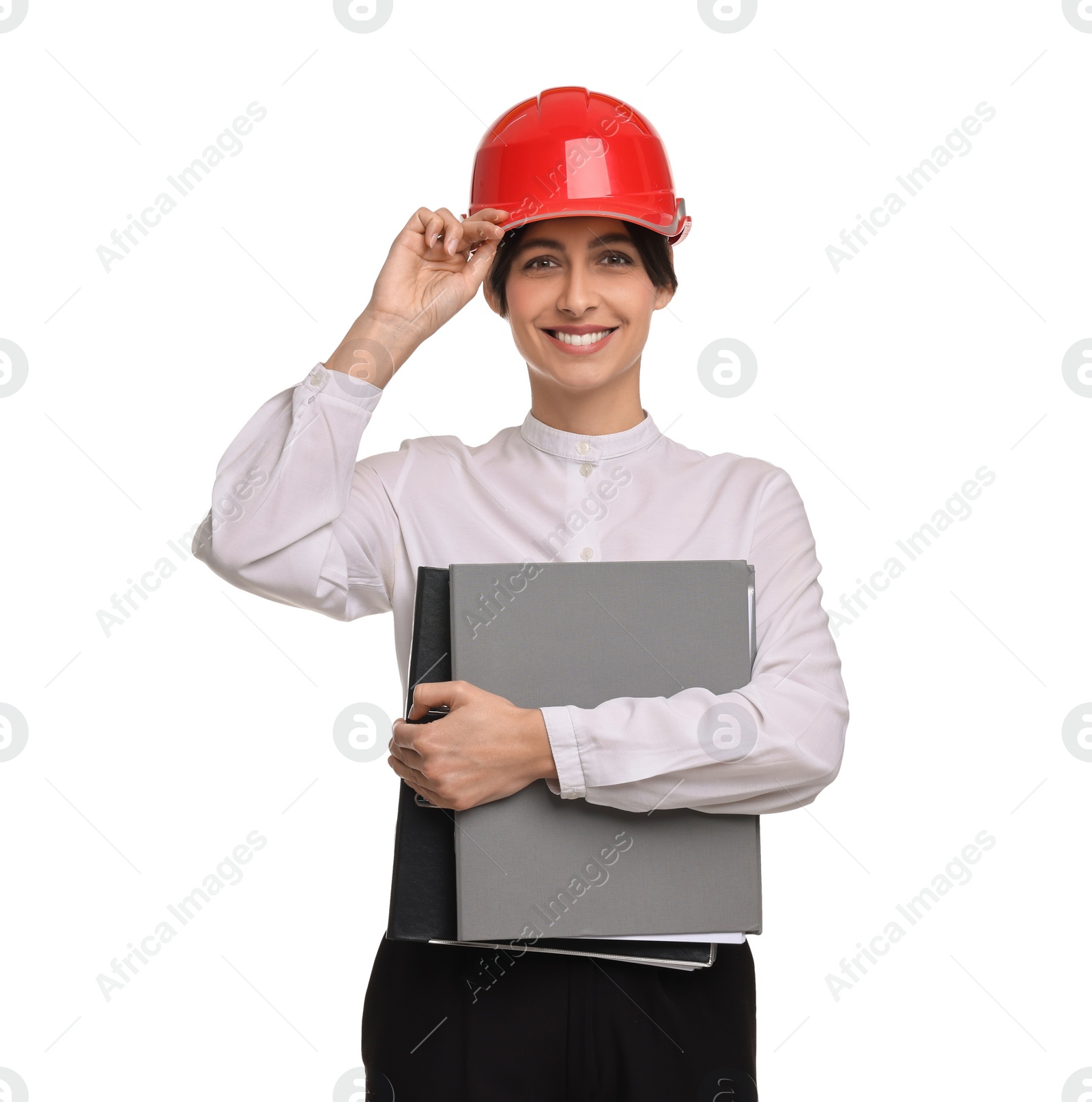 Photo of Architect with hard hat and folders on white background