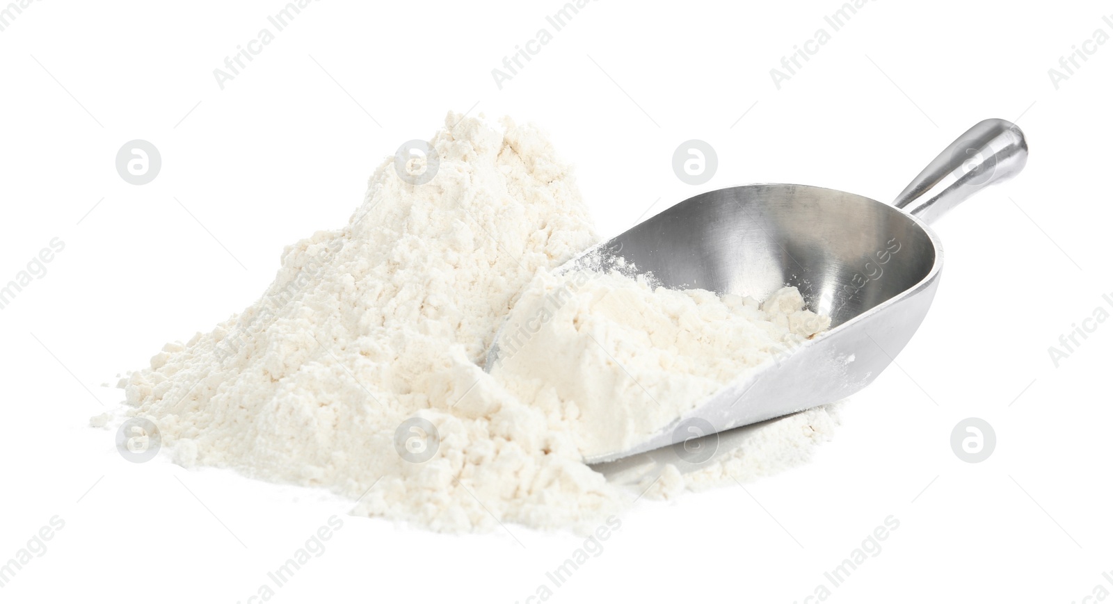 Photo of Organic flour and metal scoop isolated on white