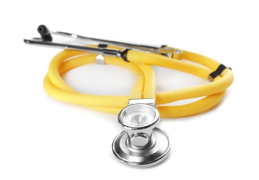 Photo of Stethoscope on white background. Medical object