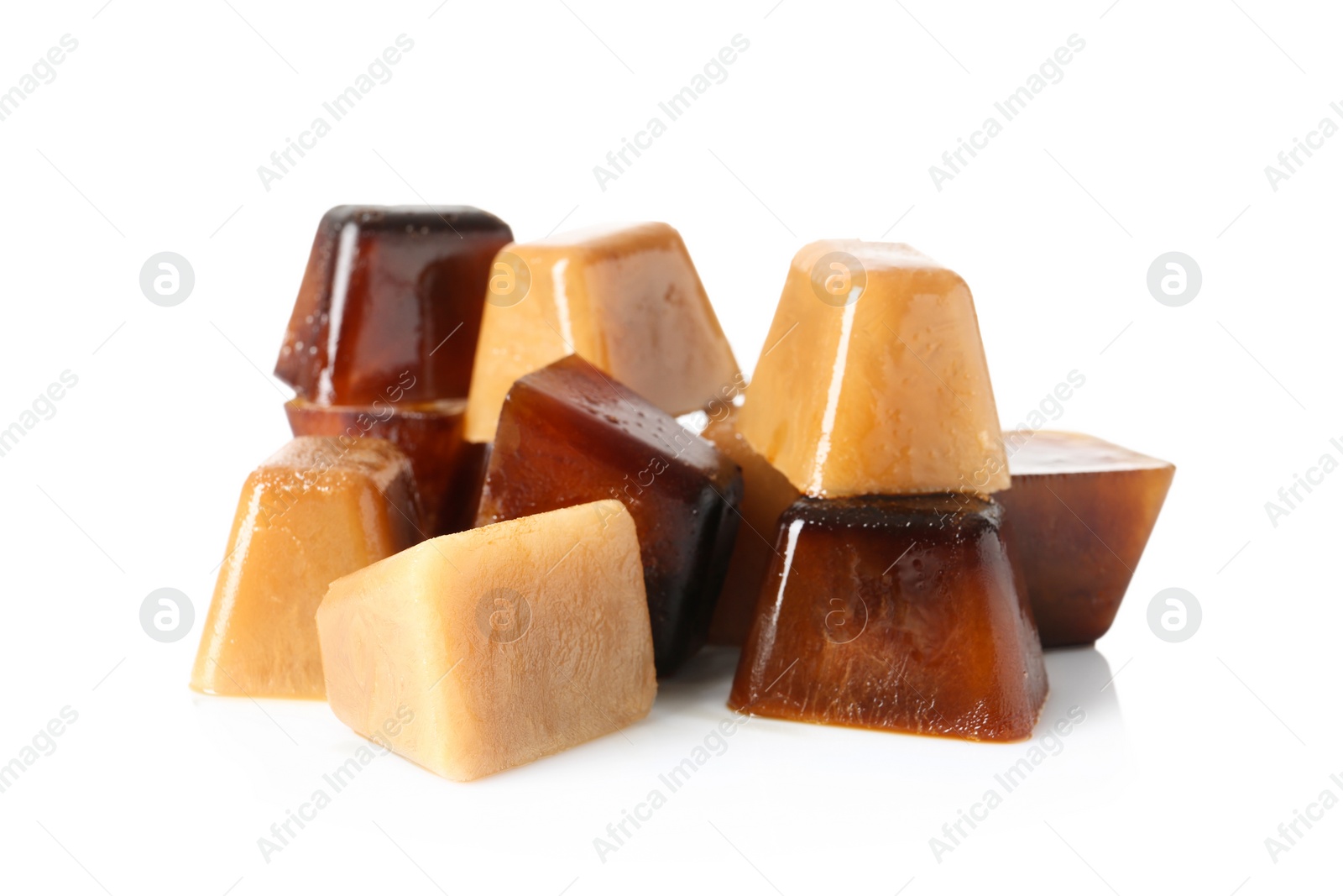 Photo of Ice cubes made with coffee on white background