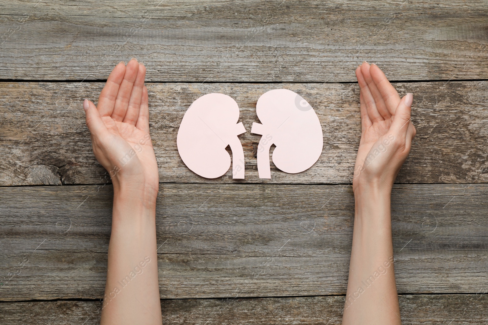 Photo of Woman protecting paper cutout of kidneys at wooden table, top view