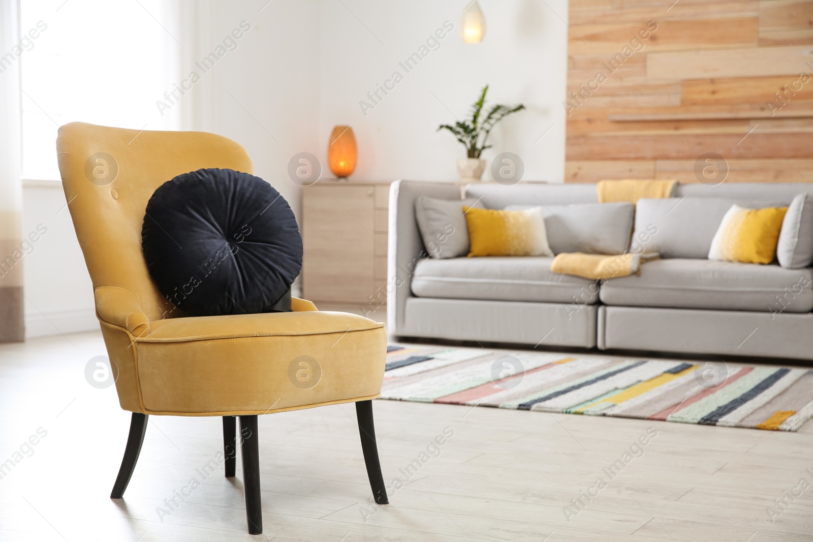 Photo of Comfortable armchair with soft cushion in modern living room interior. Space for text