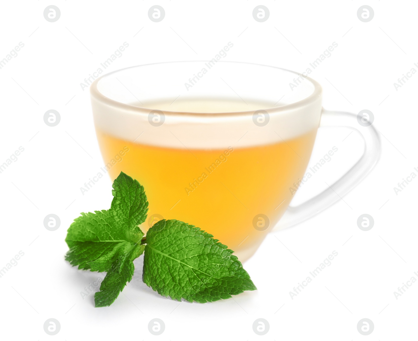 Photo of Cup with hot aromatic mint tea on white background