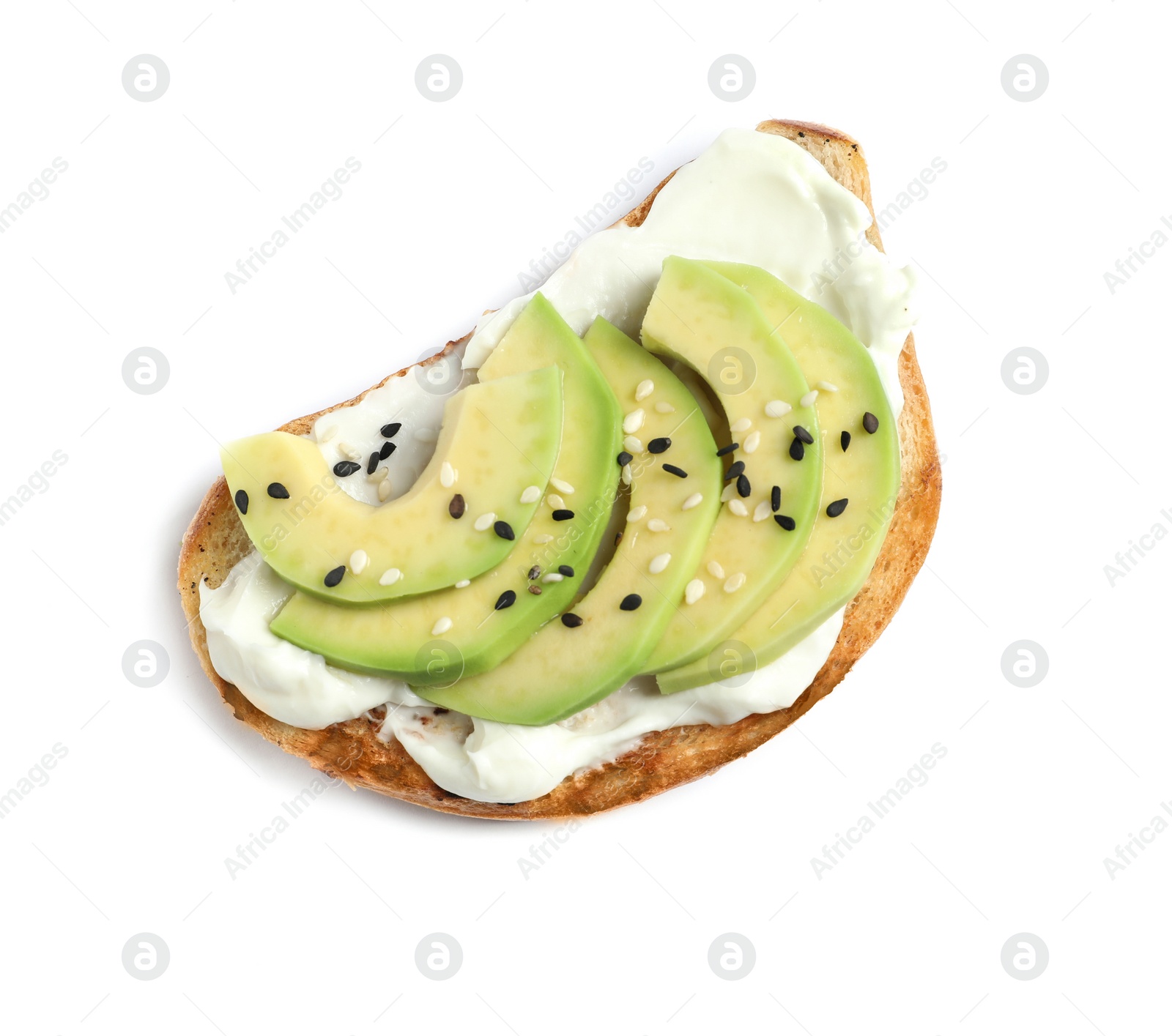 Photo of Tasty bruschetta with avocado and sesame seeds on white background, top view