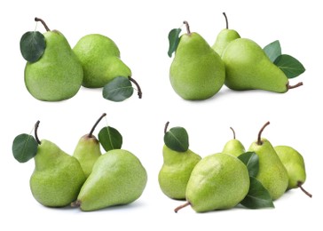 Set with tasty ripe pears on white background 