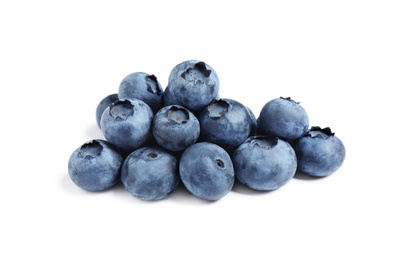 Pile of fresh ripe blueberries on white background