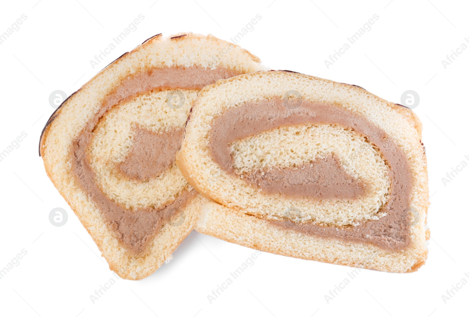 Photo of Slices of tasty cake roll with cream on white background, top view