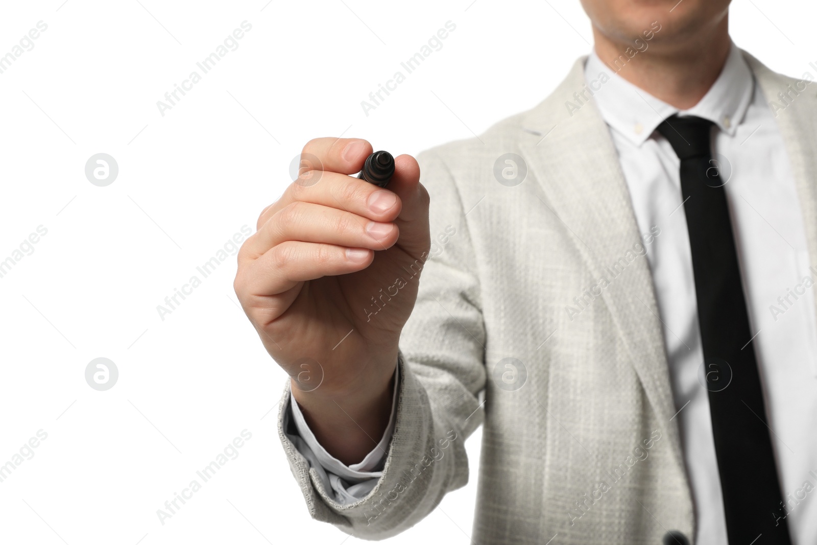 Photo of Businessman with marker on white background, closeup