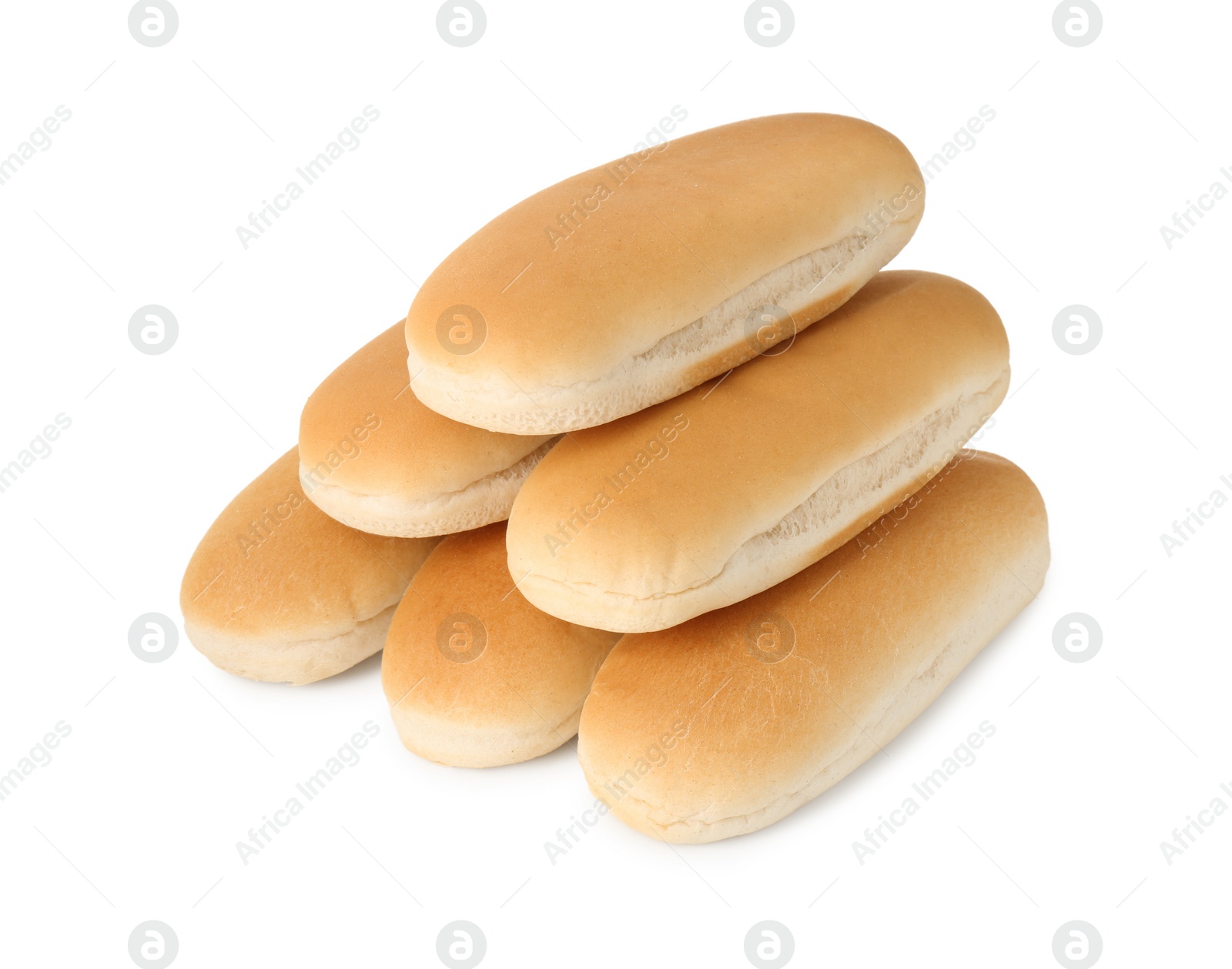 Photo of Many fresh hot dog buns isolated on white