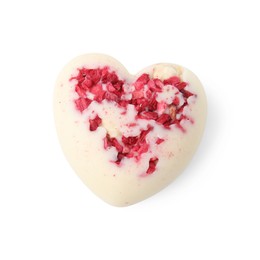 Photo of Tasty chocolate heart shaped candy with nuts on white background, top view