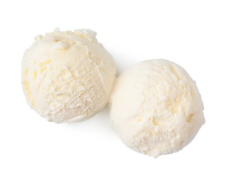 Photo of Delicious vanilla ice cream isolated on white, top view