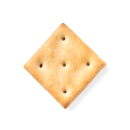 Photo of One crispy cracker isolated on white, top view. Delicious snack