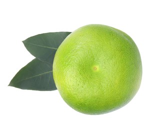 Fresh ripe sweetie with green leaves on white background, top view