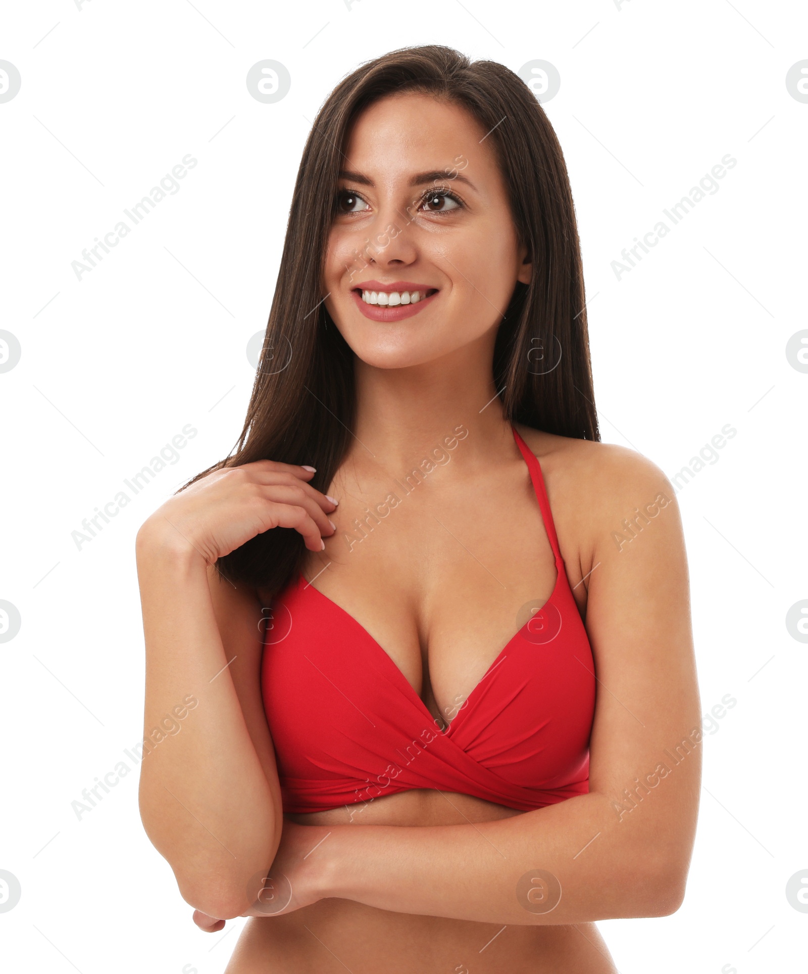 Photo of Pretty sexy woman with slim body in stylish red bikini on white background