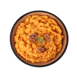 Bowl with mashed sweet potatoes on white background, top view