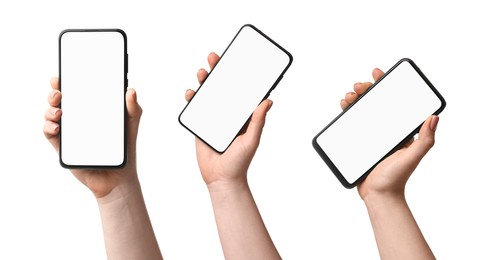 Image of Woman holding phones with blank screens on white background, closeup. Set of photos